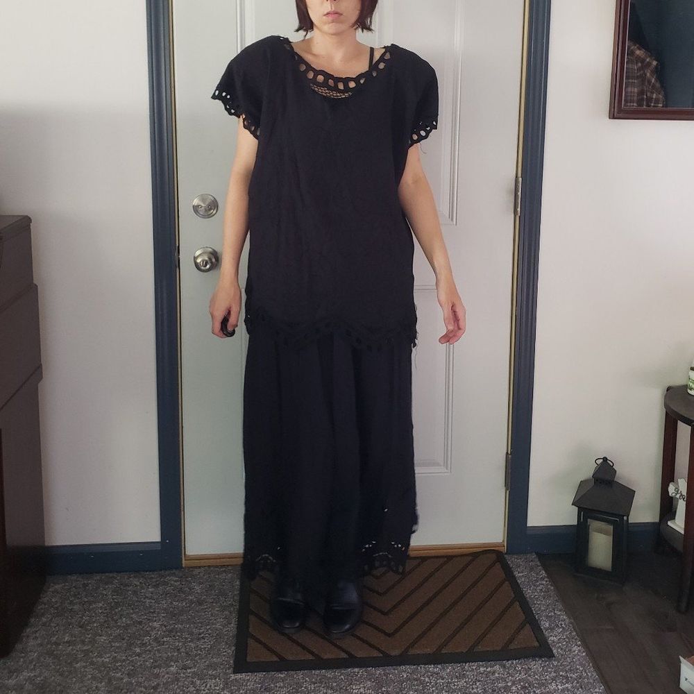 90s Deadstock Black Rayon Oversize Top and Skirt Set